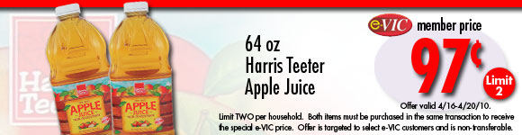 Harris Teeter Apple Juice - 64 oz : eVIC Member Price - $0.97 ea - Limit 2