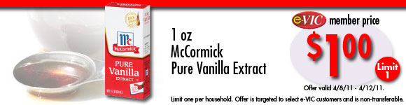 McCormick Pure Vanilla Extract - 1 oz : eVIC Member Price - $1.00 ea - Limit 1