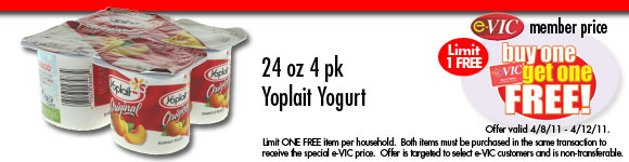 Yoplait Yogurt 4 pk - 24 oz : eVIC Member Price - BUY ONE GET ONE FREE - Limit 1 FREE