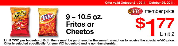 Fritos or Cheetos - 12.5-14 oz : eVIC Member Price - $1.77 ea - Limit 2