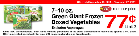 Green Giant Frozen Boxed Vegetables (Excludes Asparagus) -  7-10 oz : eVIC Member Price - $0.77 ea - Limit 2