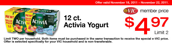 Activia Yogurt - 12 ct : eVIC Member Price - $4.97 ea - Limit 2