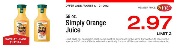 Simply Orange Juice - 59 oz : eVIC Member Price - $2.97 ea - Limit 2