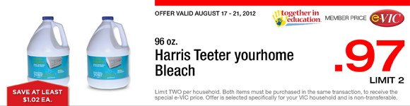 Harris Teeter yourhome Bleach - 96 oz : eVIC Member Price - $0.97 ea - Limit 2